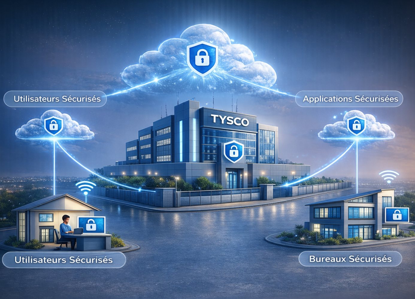 Schéma réseau ShelterX – utilisateurs, bureaux, cloud et applications sécurisés par TYSCO